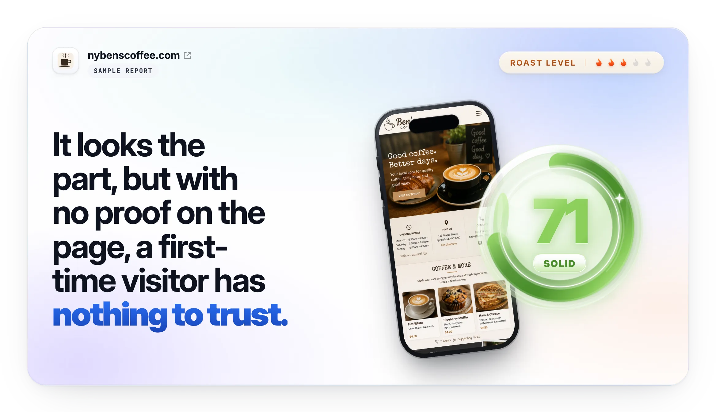 Sample Vision Wave Tech website audit: a coffee shop site scored 71 (Solid), with the headline verdict and a mobile screenshot.